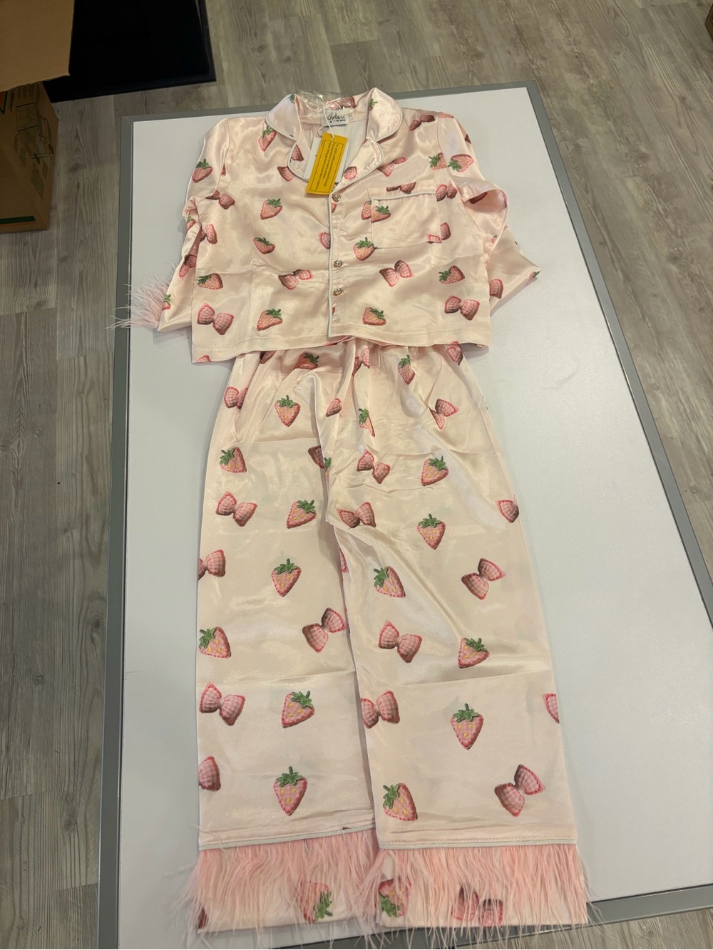 Lola + The Boys Pink Strawberry Satin Pajama Set with Feather Trim